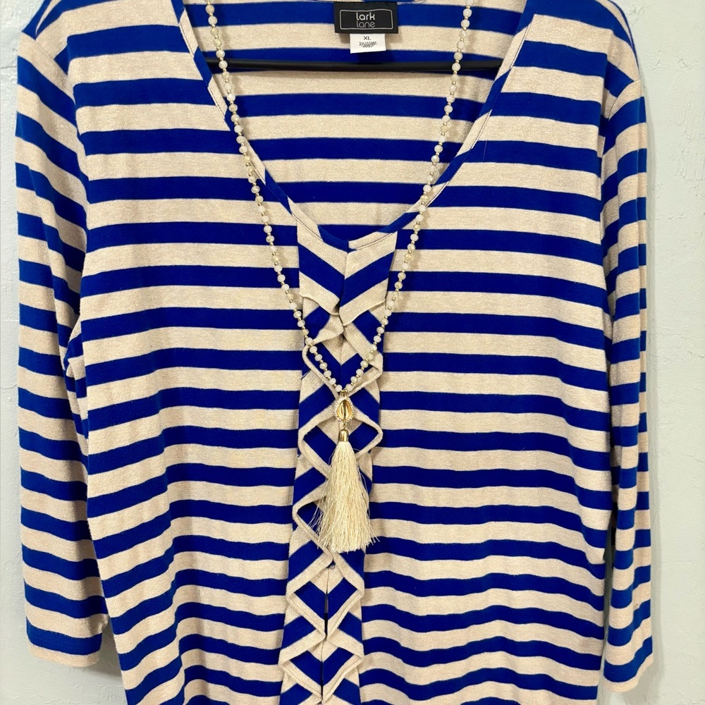 Ark & Co Blue and Cream Striped Lace-Up V-Neck Top. Necklace Not Incuded